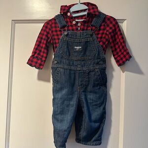 OshKosh B'gosh Red Plaid and Blue Denim Overalls